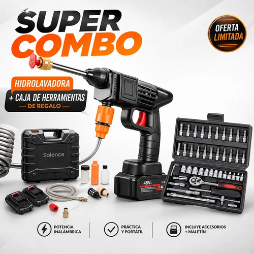 COMBO LIQUIDACIÓN Hidrolavadora +kit de Herraminetas 46 Pzs + Doble Batería + Maletin