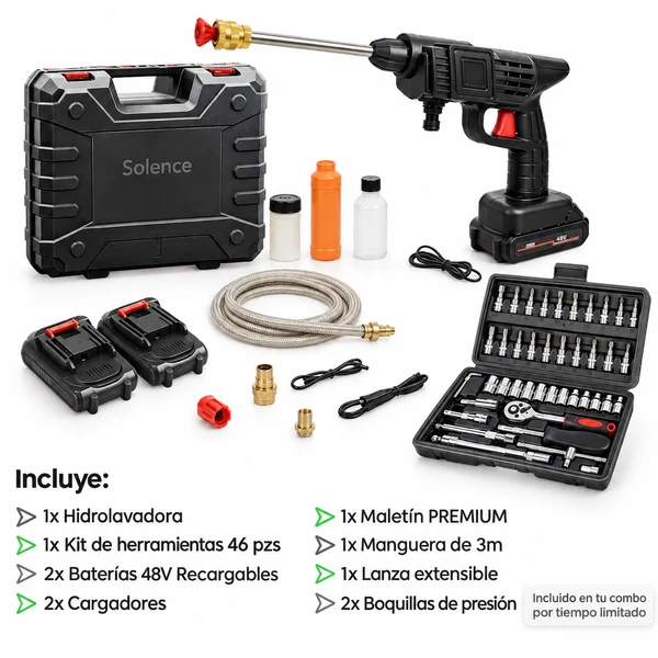 COMBO LIQUIDACIÓN Hidrolavadora +kit de Herraminetas 46 Pzs + Doble Batería + Maletin